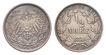 Германия 1/2 марки 1918 A, Вильгельм II (1888-1918) KM 17, J. 16 серебро UNC 4625-1044