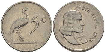ЮАР 5 ЦЕНТОВ 1965 SOUTH, ЯН ВАН РИБЕК (1619-1677), ГОЛАНДСКИЙ ИССЛЕДОВАТЕЛЬ , МОРЕПЛАВАТЕЛЬ, ОСНОВАТЕЛЬ Г. КЕЙПТАУНА, РАЙСКИЙ ЖУРАВЛЬ, АНГЛИЙСКАЯ ЛЕГЕНДА KM 67.1 никель 66-267
