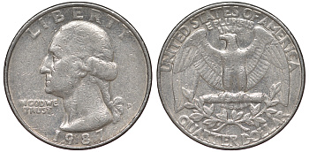 США 25 центов = квотер 1987 P, Вашингтон KM A164a медь плакированная медно-никелем 4543-536