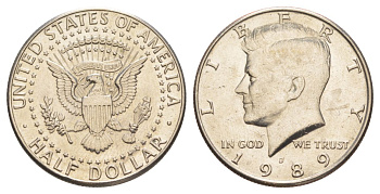 США 1/2 доллара (50 центов) 1989 D, Джон Кеннеди KM A202b медь плакированная медно-никелем aUNC 4367-1023