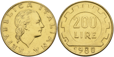 Италия 200 лир 1980 R, шестерня KM 105 алюминиевая бронза 4153-116