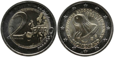Словакия 2 евро 2009 20 лет Бархатной Революции, колокол KM 107 биметалл UNC 4112-311