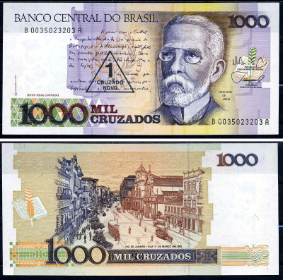 Бразилия 1 новый крузадо ND (1989) надпечатка на 1000 крузадо 1987 года (Pick 213) Pick 216 b  бумага  UNC (пресс) 2119-50-2-2