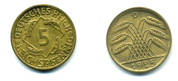 ГЕРМАНИЯ 5 РЕЙХСПФЕННИГОВ 1925 D, KM 39, J. 316 алюминиевая бронза 46-2243