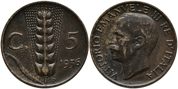 ИТАЛИЯ 5 ЧЕНТЕЗИМО 1936 R, ВИКТОР ИМАНУИЛ KM 59 медь 75-437