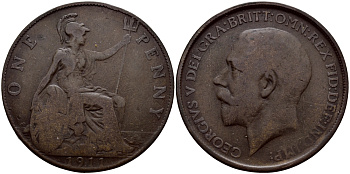 Великобритания 1 пенни 1911 Георг V (1910-1936) KM 810, Spink 4051 бронза 53-1236