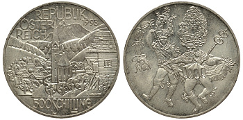 Австрия 500 шиллингов 1993 регион Альпы KM 3014 серебро UNC 413-4524