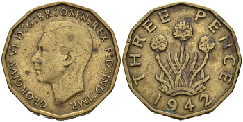 Великобритания 3 пенса 1942 Георг VI (1936-1952) KM 849, Spink 4112 никель латунь 4513-257