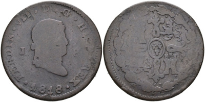 Испания 8 мараведи 1818 Фердинанд VII (1808-1833), второй портрет KM 491 (С111) медь 4572-532