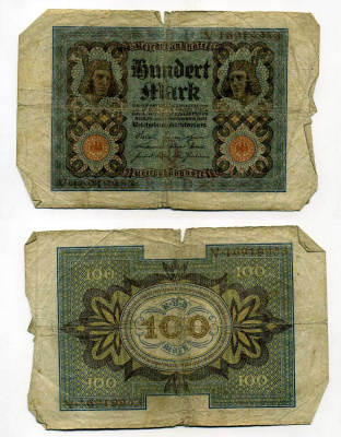 Германия 100 марок 1920 Бамбергский всадник, 8 цифр в номере Pick 69 b, Розенберг 69b бумага 8619-35-1-2