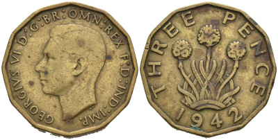 Великобритания 3 пенса 1942 Георг VI (1936-1952) KM 849, Spink 4112 никель латунь 4513-257