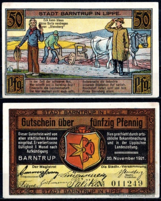 Барнтруп (Липпе) 50 пфеннигов 1921 Mehl Grabowski 66.2-1/4 бумага UNC (пресс) 7556-47-1-1