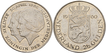 Нидерланды 2 1/2 гульдена 1980 коронация Беатрикс, 30 апреля 1980 KM 201 никель 4168-513