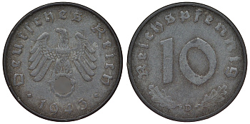 Германия 10 рейхспфеннигов 1943 D KM 101, J. 371 цинк 4121-1043