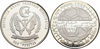 Западная Сахара 500 песет 1991 чемпионат мира по футболу 1994 года в США, тираж 15000 экз. KM 8 серебро PROOF 04-317-45