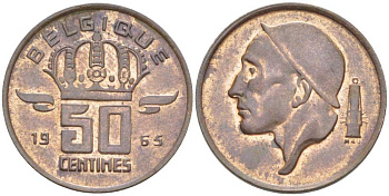 БЕЛЬГИЯ 50 САНТИМОВ 1965 BELGIQUE, БОДУЭН I (1951-1993) KM 148.1 бронза 206-168