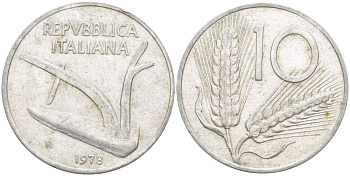 ИТАЛИЯ 10 ЛИР 1978 R, КОЛОСЬЯ, ПЛУГ KM 93 алюминий 4513-834
