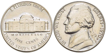 США 5 ЦЕНТОВ 1970 S, ДЖЕФФЕРСОН KM А192 медно-никель 4519-527