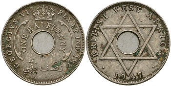 Британская Западная Африка 1/2 пенни 1947 KN, Георг VI KM 18 медно-никель 25-1046