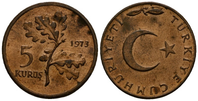 Турция 5 курушей 1973 KM 890.2 бронза 4173-734