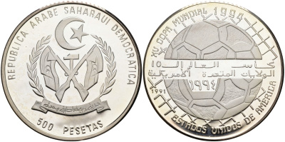 Западная Сахара 500 песет 1991 чемпионат мира по футболу 1994 года в США, тираж 15000 экз. KM 8 серебро PROOF 04-317-45