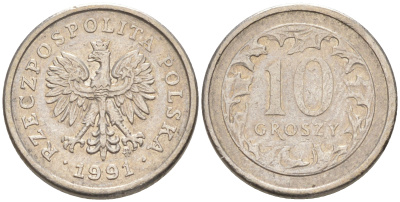 ПОЛЬША 10 ГРОШЕЙ 1991 MW KM 279 медно-никель 187-921