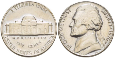 США 5 ЦЕНТОВ 1970 S, ДЖЕФФЕРСОН KM А192 медно-никель 4519-527
