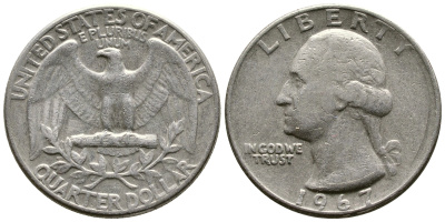 США 25 центов (квотер) 1967 Вашингтон KM 164а медь плакированная медно-никелем 57-416