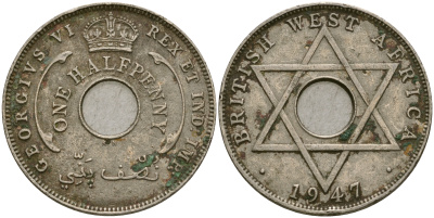Британская Западная Африка 1/2 пенни 1947 KN, Георг VI KM 18 медно-никель 25-1046