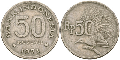 Индонезия 50 рупий 1971 райская птица KM 35 медно-никель 4364-2837