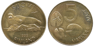 ФИНЛЯНДИЯ 5 МАРОК 1999 M, МОРЖ KM 73 медь алюминий никель UNC 3334-832