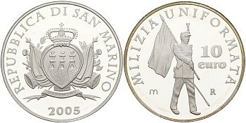 Сан-Марино 10 евро 2005 милиция, карабинеры, в оригинальной коробке, с сертификатом KM 344 серебро PROOF 7-1-60