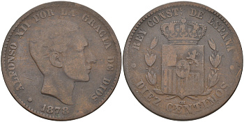 ИСПАНИЯ 10 СЕНТИМО 1878 ОМ, АЛЬФОНСО XII (1874-1885) KM 675 бронза 63-546