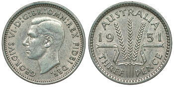 Австралия 3 пенса 1951 m, Георг VI (1937-1952), без букв KM 44 серебро 71-333