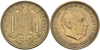 Испания 2,5 песеты 1953 (56) Франциско Франко (1939-1975) KM 785 алюминиевая бронза 4583-832