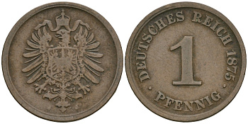 Германия 1 пфенниг 1875 J, Вильгельм I (1871-1888) KM 1, J. 1 медь 4547-514