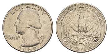 США 25 центов (квотер, 1/4 доллара) 1980 P KM 164a медь плакированная медно-никелем 4638-413