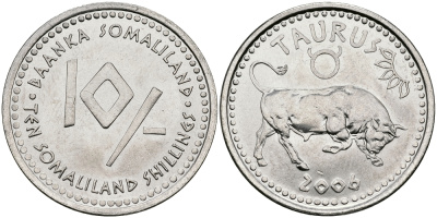Сомалиленд 10 шиллингов 2006 СЕРИЯ ЗНАКИ ЗОДИАКА, ТЕЛЕЦ KM NEW никелированная сталь UNC 540-843