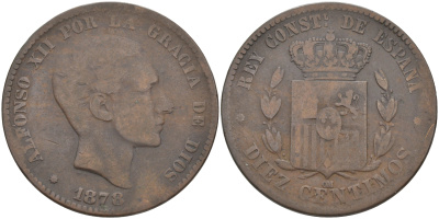 ИСПАНИЯ 10 СЕНТИМО 1878 ОМ, АЛЬФОНСО XII (1874-1885) KM 675 бронза 63-546