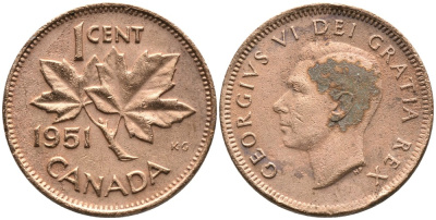 Канада 1 цент 1951 Георг VI (1937-1952), кленовый лист KM 41 бронза 4528-669