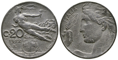 ИТАЛИЯ 20 ЧЕНТЕЗИМО 1922 R KM 44 никель 4385-1033
