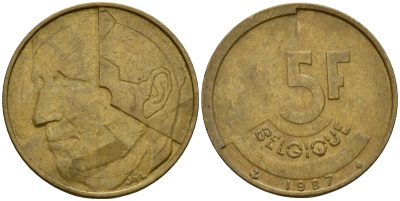 Бельгия 5 франков 1987 Belgique, Бодуэн I (1951-1993) KM 163 алюминиевая бронза 4601-211