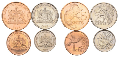 Тринидад и Тобаго набор из 4 монет (1, 5, 10, 25 центов) 2006, 2007 и 2008 KM 29, 30, 31 и 32 UNC 4669-836-839