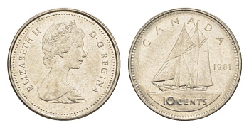 Канада 10 центов 1981 Елизавета II (1952-2022), парусник KM 77 никель 4639-644