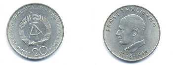 ГДР 20 марок 1971 A, 85 лет со дня рождения Эрнста Тельмана KM 34, J. 1535 медно-никель 3333-626