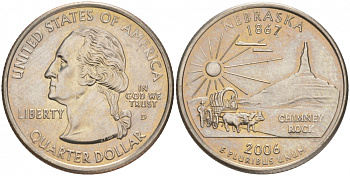 США 25 центов (квотер) 2006 D, серия штаты США, Небраска KM 382 медь плакированная медно-никелем UNC M25-10