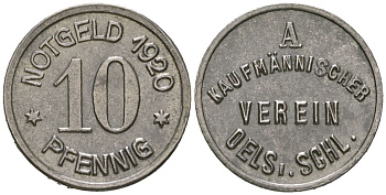 Олес (Оелс, Олесница) (Силезия) 10 пфеннингов 1920 Funck 400.2, Men05 19704.2, Men18 24717.2 железо aUNC 4169-1252