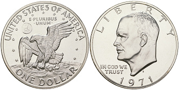 США 1 доллар 1971 S, Президент Эйзенхауэр, лунный орел KM 203a серебро  PROOF 1095-8-13