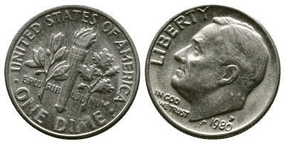 США 10 центов = дайм 1980 P, Рузвельт KM 195a медь плакированная медно-никелем 4383-469