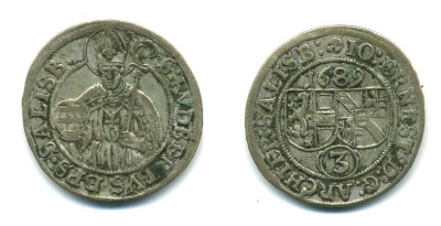 АВСТРИЯ, ЗАЛЬЦБУРГ 3 КРЕЙЦЕРА 1689 KM 249 серебро 54-969